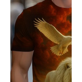 Men'S Lion and Eagle Graphic T-Shirt - Soft, Lightweight, Durable Fabric, Reddish Brown, Casual & Comfortable Fit for All Seasons, Ideal for Casual Attire and Outdoor Activities, Everyday Tshirt | Bold Print Shirt | Lightweight Shirt