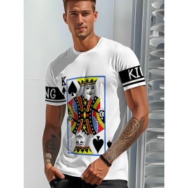 Men'S Royal King of Spades Graphic T-Shirt - White Casual Summer Tee with Black & White Crown Design, Short Sleeve, Round Neck, Polyester Blend, Perfect for Casual Attire & Parties, Party Fashion Top | Bold Print Tee | Stretchable Fabric, Knit