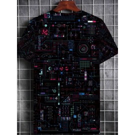 Men's Futuristic Circuit Board Graphic T-Shirt - Sporty Tech-Inspired Design, Vibrant Neon Geometric Print, Breathable Summer Tee, Machine Washable Regular Fit Round Neck, Techthemed Apparel, Comfortable Wear