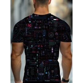 Men's Futuristic Circuit Board Graphic T-Shirt - Sporty Tech-Inspired Design, Vibrant Neon Geometric Print, Breathable Summer Tee, Machine Washable Regular Fit Round Neck, Techthemed Apparel, Comfortable Wear