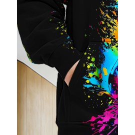 Men'S Vibrant Guitar Print Hoodie - Long Sleeve Zip-Up Sweatshirt with Drawstring & Pockets, Casual Outdoor Fall/Winter Jacket, Black with Colorful Splatter Design, Music Lover Apparel | Hooded Sweatshirt | Durable Fabric