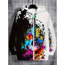 Men'S Vibrant Guitar Print Hoodie - Long Sleeve Zip-Up Sweatshirt with Drawstring & Pockets, Casual Outdoor Fall/Winter Jacket, Black with Colorful Splatter Design, Music Lover Apparel | Hooded Sweatshirt | Durable Fabric