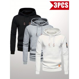 3pcs Men's Casual Waffle Knit Jacquard Hoodie Set - Long Sleeve Pullover with Side Zipper Detail, Perfect for Daily Commute, Outdoor Sports, and Beach Vacations