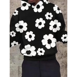 Men'S Casual Black Hoodie with White Floral Print - Trendy Long Sleeve Pullover, Regular Fit, Slight Stretch Fabric, Casual Wear Hoodie|Floral Print Hoodie|Stretchy Fabric Hoodie, Hoodie, Sweatshirt, Sweatshirt Set, Sweatshirt Set for