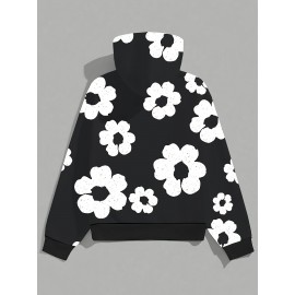 Men'S Casual Black Hoodie with White Floral Print - Trendy Long Sleeve Pullover, Regular Fit, Slight Stretch Fabric, Casual Wear Hoodie|Floral Print Hoodie|Stretchy Fabric Hoodie, Hoodie, Sweatshirt, Sweatshirt Set, Sweatshirt Set for