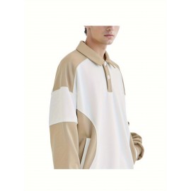 [NASAOVER Long Sleeve Shirt] Men's NASAOVER Colorblock Long Sleeve Shirt - Casual Loose Fit, Two-Tone Black/Beige, Button Detail, Ideal for Spring & Summer Outdoor Activities