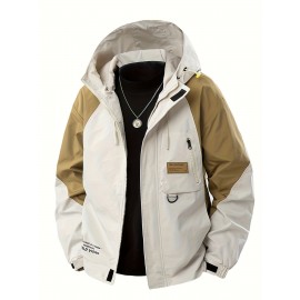 Men's Windproof Hooded Jacket for Spring & Autumn - Lightweight Work Jacket with Zipper Closure, Contrast Color Block Design, Polyester Lining & Pockets - Outdoor Sports, Hiking, Casual Wear