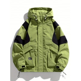 Men's Heavy-Duty Jacket - Full-Zip Windbreaker Coat with Hood, Black/White colorblock, Loose Fit Workwear Jacket for Outdoor, Casual, Everyday Use - Size XL (Machine Washable)