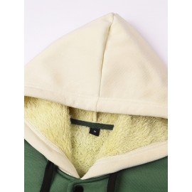 [Cozy Plush Hooded Jacket] Men's Cozy Plush Hooded Jacket | Green & Beige Two-Tone, Contrast Stitching, Letter Embroidery, Zip-Up Front, Long Sleeves, Pockets | Casual Outerwear, Durable Knitwear
