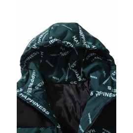 [Windproof Jacket] Warm & Stylish Men's Thick Windproof Hooded Jacket | Large Pockets & Drawstring, Black Polyester, Casual Letter Print Versatile Outerwear, Durable Outerwear