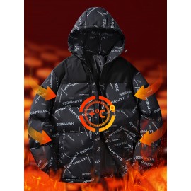 [Windproof Jacket] Warm & Stylish Men's Thick Windproof Hooded Jacket | Large Pockets & Drawstring, Black Polyester, Casual Letter Print Versatile Outerwear, Durable Outerwear