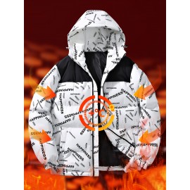 [Windproof Jacket] Warm & Stylish Men's Thick Windproof Hooded Jacket | Large Pockets & Drawstring, Black Polyester, Casual Letter Print Versatile Outerwear, Durable Outerwear