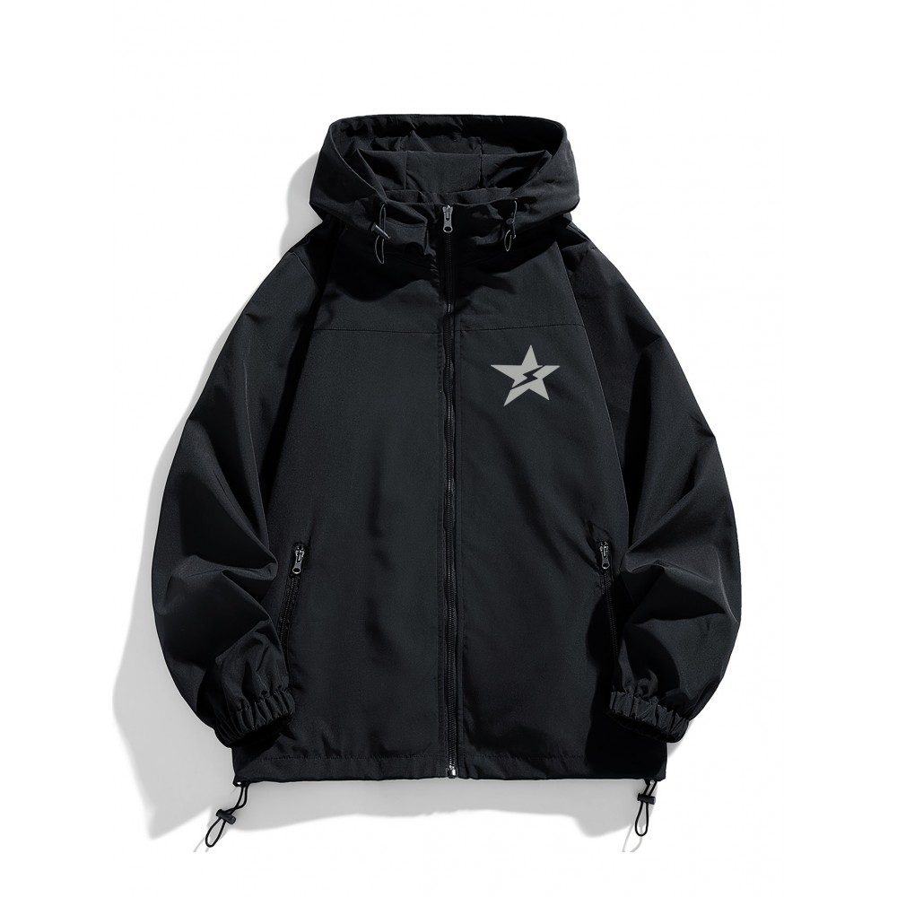 Men'S Casual Hooded Windbreaker Jacket with Star Design - Black, Long Sleeve, Zippered, Polyester Lining, Casual Outdoor Wear for Spring and Fall, Casual Outerwear | Star Print Jacket | Adjustable Hood, Essential Jacket