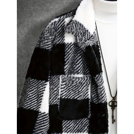 Men'S Cozy Plaid Fleece Jacket - Black & White Checkered Pattern, Loose Fit Winter Coat with Button Front, Long Sleeves, and Fluffy Lining for Fall/Winter, Winter Coat
