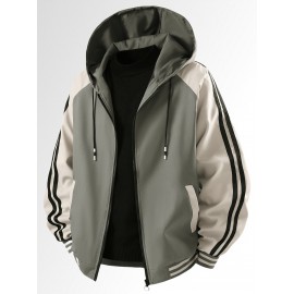 [Trendy Polyester Hooded Jacket] Trendy Lightweight Polyester Men's Casual Zip-Up Hooded Jacket - Color Block Design with Striped Accents, Perfect for Spring & Autumn