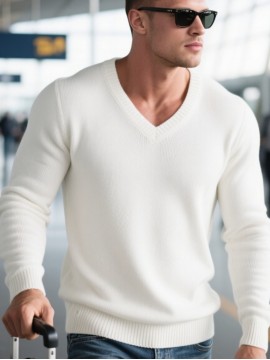 Men'S Casual V-Neck Sweater - Soft Knit, Long Sleeve, Solid White, Perfect for Fall & Winter, Versatile for Outdoor & Indoor Wear, Winter Clothing | Vneck Sweater | Knit Construction