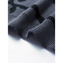 [Men's Geometric Sweater] Xingfan Men's Geometric Print Pullover Sweater | Drop Shoulder Casual Long Sleeve Round Neck Knit Top with Ribbed Detailing, Autumn Winter Warmth, Regular Fit for Casual Attire