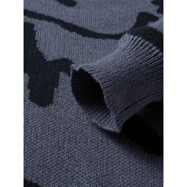 [Men's Geometric Sweater] Xingfan Men's Geometric Print Pullover Sweater | Drop Shoulder Casual Long Sleeve Round Neck Knit Top with Ribbed Detailing, Autumn Winter Warmth, Regular Fit for Casual Attire