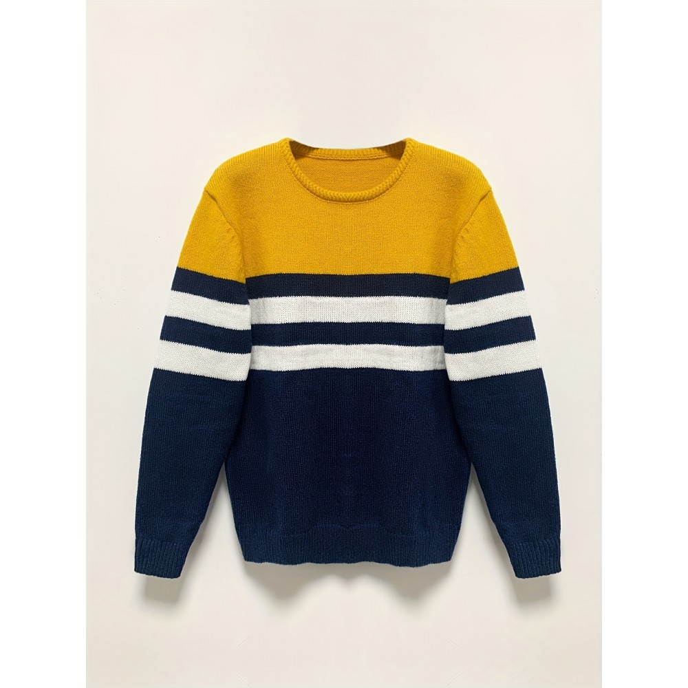 Men'S Casual Striped Sweater - Cozy Knit Pullover with Yellow, White & Navy Blue Horizontal Stripes, Long Sleeve Crew Neck for Fall/Winter, Sweater Vest