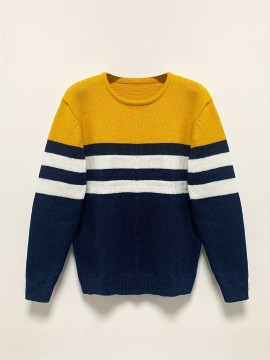 Men'S Casual Striped Sweater - Cozy Knit Pullover with Yellow, White & Navy Blue Horizontal Stripes, Long Sleeve Crew Neck for Fall/Winter, Sweater Vest