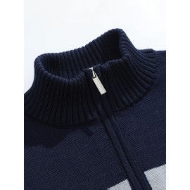 Men's Slim-Fit Casual Soft Commuter Knit Sweater - High Neck Long Sleeve with 1/4 Zipper, Navy & Light Grey Color Block Design for Autumn/Winter, Office & Casual Wear, Knitted Sweater, Comfortable Winter Wear