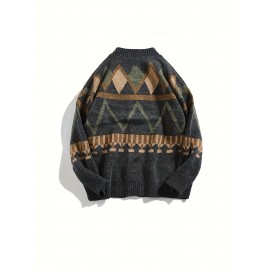 Preppy Geometric-Pattern Knit Cardigan, 80% Acrylic 20% Nylon, V-Neck Long Sleeve Loose-Fit, Slight Stretch, Spring/Fall Season Outerwear