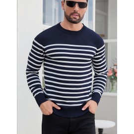 Men'S Casual Striped Knit Sweater - Navy & Vertical Stripes, Long Sleeve Crew Neck, Medium Stretch, Regular Fit for Spring/Fall, Versatile Layering Piece, Spring Fall Apparel | Classic Striped Design | Medium Stretch Fabric