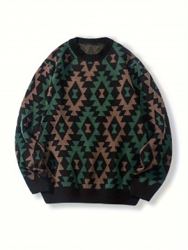 Men's Casual Geometric Pattern Knit Sweater - Asymmetrical Design, Machine Washable, Round Neck, Regular Fit for Autumn/Winter, Brown/Red/Black/White/Gray, Knit Sweater, Winter Warm Top, Autumn Fashion, Relaxed Fashion, Comfortable Wear, Durable Fabric