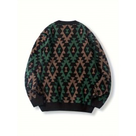 Men's Casual Geometric Pattern Knit Sweater - Asymmetrical Design, Machine Washable, Round Neck, Regular Fit for Autumn/Winter, Brown/Red/Black/White/Gray, Knit Sweater, Winter Warm Top, Autumn Fashion, Relaxed Fashion, Comfortable Wear, Durable Fabric