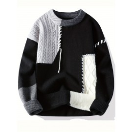 Men'S Cozy Color-Block Knit Sweater - Soft, Warm, and Stylish Crew Neck Pullover with Braided Detail, Perfect for Fall and Winter, Casual Knitwear|Chunky Knit Sweater|Soft Knit Fabric, Thick