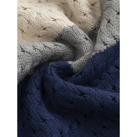 Beige/Blue/Gray/Black/White Men's Thick Winter Knit Sweater - Color Block Stripes, Round Neck Half-Zip Button Detail, Medium Stretch Casual Retro Style Regular Fit Long Sleeve Pullover for Casual Attire, Knit Sweater, Comfortable Fit