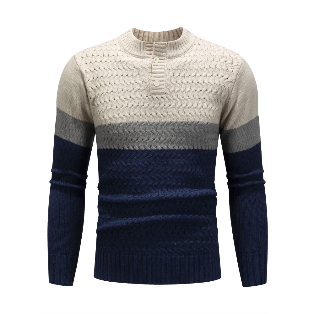 Beige/Blue/Gray/Black/White Men's Thick Winter Knit Sweater - Color Block Stripes, Round Neck Half-Zip Button Detail, Medium Stretch Casual Retro Style Regular Fit Long Sleeve Pullover for Casual Attire, Knit Sweater, Comfortable Fit