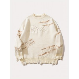 Unisex Street Style Knit Sweater, Fall/Winter Crew Neck Long Sleeve Pullover with Alphabet Print, Ripped Fringe Detail, Loose Fit, 42% Acrylic 28% Polyamide 30% Polyester Knit Fabric
