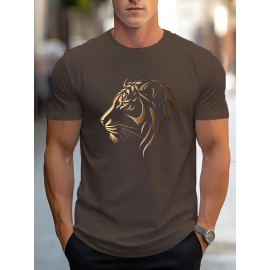 Men'S Stylish Lion Graphic T-Shirt - Brown with Golden Accent Design, Casual Summer Wear, Lightweight Polyester Fabric, Round Neck, Machine Washable, Casual Summer Top|Round Neck Shirt|Polyester Fabric