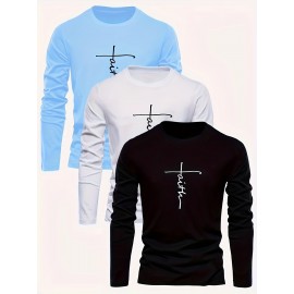 3pcs faith letter print new Men's round neck long-sleeved T-shirt casual sports breathable top multi-pack autumn and winter Men's clothing comfortable loose fashion street trendy warm sweater set as a gift suitable for outdoor sports