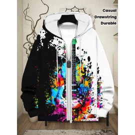 Men'S Vibrant Guitar Print Hoodie - Long Sleeve Zip-Up Sweatshirt with Drawstring & Pockets, Casual Outdoor Fall/Winter Jacket, Black with Colorful Splatter Design, Music Lover Apparel | Hooded Sweatshirt | Durable Fabric