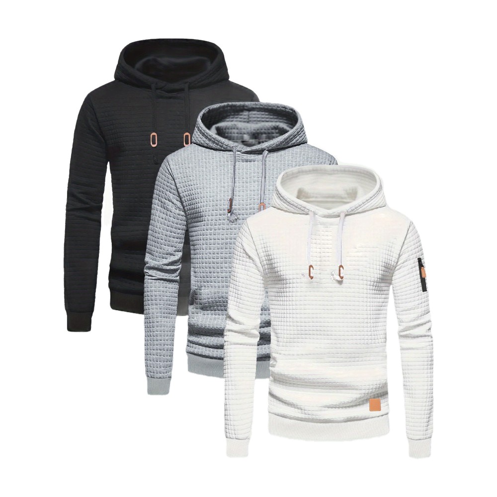 3pcs Men's Casual Waffle Knit Jacquard Hoodie Set - Long Sleeve Pullover with Side Zipper Detail, Perfect for Daily Commute, Outdoor Sports, and Beach Vacations