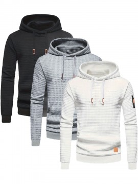 3pcs Men's Casual Waffle Knit Jacquard Hoodie Set - Long Sleeve Pullover with Side Zipper Detail, Perfect for Daily Commute, Outdoor Sports, and Beach Vacations