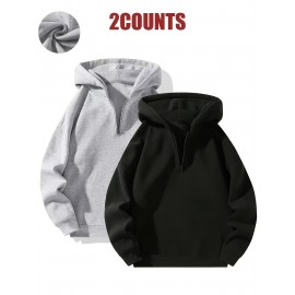 [Sporty Sweatshirts] 2pcs Sporty Comfortable Fleece-Lined Half-Zip Hooded Sweatshirts | Unisex Regular Fit Polyester Pullovers with Zippered Pockets for Gym, Casual & Lounge Wear, Machine Washable, Soft Knit Texture, Heather Grey & Black