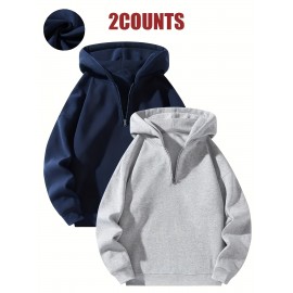 [Sporty Sweatshirts] 2pcs Sporty Comfortable Fleece-Lined Half-Zip Hooded Sweatshirts | Unisex Regular Fit Polyester Pullovers with Zippered Pockets for Gym, Casual & Lounge Wear, Machine Washable, Soft Knit Texture, Heather Grey & Black