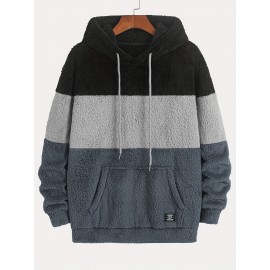 Men's Heavyweight Plush Hoodie - Winter Thermal Pullover Sweatshirt with Kangaroo Pocket, Dark Grey/Black Color Block Hooded Sweater for Cold Weather, Machine Washable Loose Fit Casual Outerwear, Ribbed Cuffs And Hem