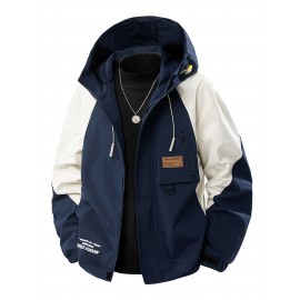 Men's Windproof Hooded Jacket for Spring & Autumn - Lightweight Work Jacket with Zipper Closure, Contrast Color Block Design, Polyester Lining & Pockets - Outdoor Sports, Hiking, Casual Wear