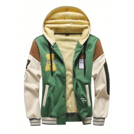 [Cozy Plush Hooded Jacket] Men's Cozy Plush Hooded Jacket | Green & Beige Two-Tone, Contrast Stitching, Letter Embroidery, Zip-Up Front, Long Sleeves, Pockets | Casual Outerwear, Durable Knitwear