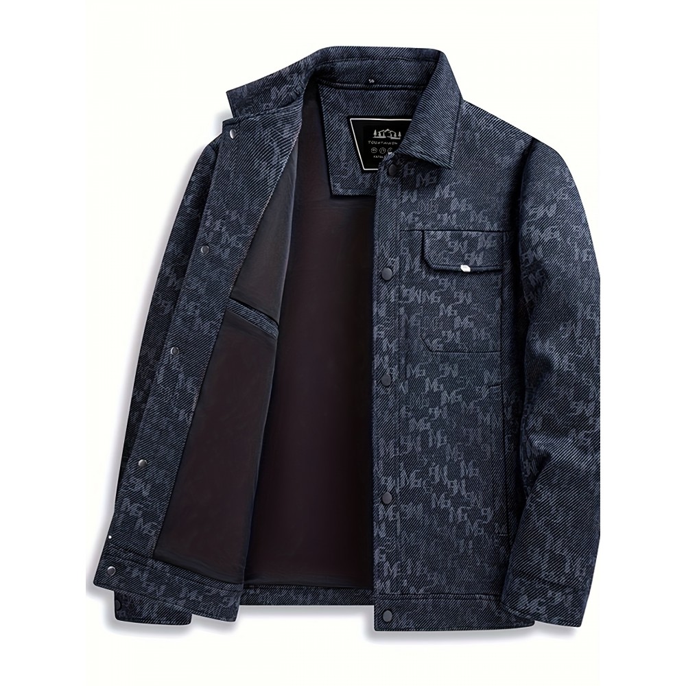 Men's Navy Blue Bomber Jacket with White Camo & Chest Pocket - Short Single-Breasted Casual & Business-Casual Coat, Collar, Button-Front Door, (No-Fill) for Fall/Spring Outerwear