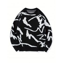 [Men's Geometric Sweater] Xingfan Men's Geometric Print Pullover Sweater | Drop Shoulder Casual Long Sleeve Round Neck Knit Top with Ribbed Detailing, Autumn Winter Warmth, Regular Fit for Casual Attire