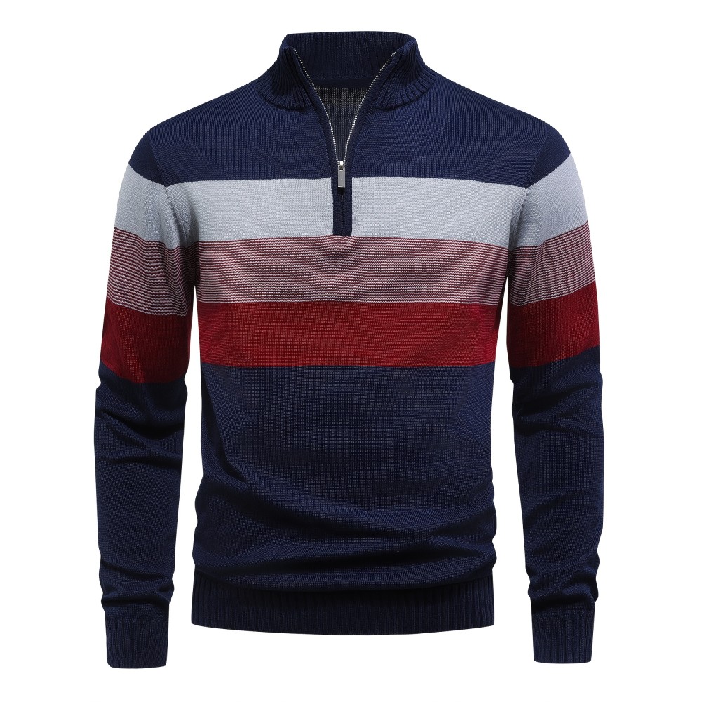 Men's Slim-Fit Casual Soft Commuter Knit Sweater - High Neck Long Sleeve with 1/4 Zipper, Navy & Light Grey Color Block Design for Autumn/Winter, Office & Casual Wear, Knitted Sweater, Comfortable Winter Wear